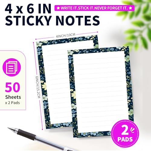 Lined Sticky Notes 4x6 in, 2 Pack Large Cute Notepads with Lines Self-Stick Note Pad, Funny Memo Pads Strong Adhesive for Office, Home Colorful Boho Flowers