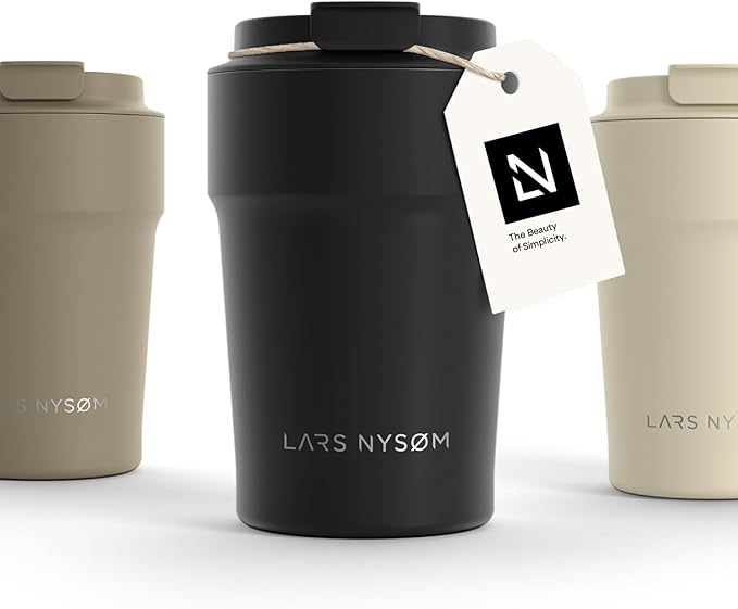 LARS NYSØM Thermo Coffee Mug to go 13oz | Travel Mug 0.38 Liter with Insulation | Leak Proof Stainless Steel Thermal Tumbler for Coffee and Tea on the Go (Carbon Black, 12.9oz)