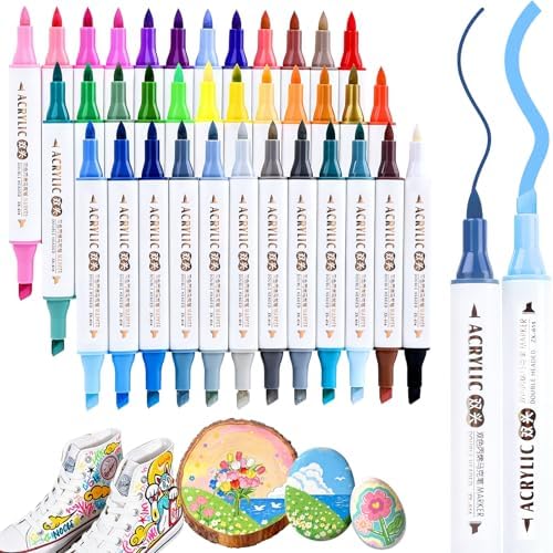 48 Colors Dual Tip Acrylic Paint Markers, Dual Tip with Fine Tip and Brush Tip Colors Acrylic Paint Pens for Stone, Wood, Calligraphy, Ceramic, Canvas,DIY Crafts, Card Making, Metal, Glass, Rock