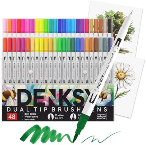 48 Watercolor Markers Set | Water Color Pens with Brush & Fineliner, Water-Based Art Markers | Dual Tip Markers for Adult Coloring, Lettering, Calligraphy, Sketching, Journaling & Illustration