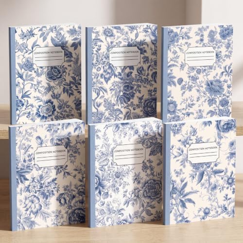 Harloon 6 Pack Composition Notebooks College Ruled Bulk Vintage Blue Flower Composition Notebook 110 Page 7-1/2" x 9-3/4" Journal Back to School Gift for Teacher Student Office First Day of School