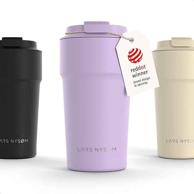 LARS NYSØM Thermo Coffee Mug to go 17oz | Travel Mug 0.5 Liter with Insulation | Silicone grip base | Leak Proof Stainless Steel Tumbler for Coffee and Tea on the Go (Powder Purple, 17oz)