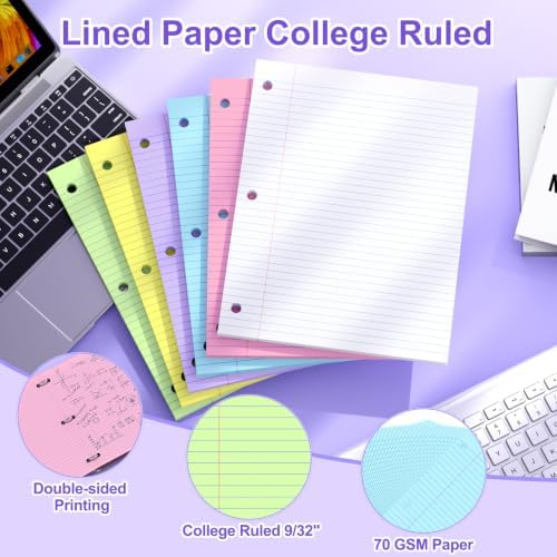 120 Sheets Loose Leaf Paper College Ruled, 8x10.5 Colored Notebook Paper