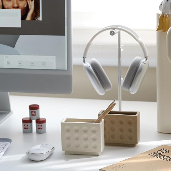Abstract Square Face Pen Holder, Modern and Minimalistic Desk Accessories (Matte Crème)