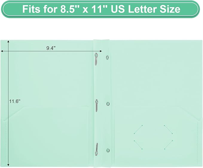 SUIN Plastic Project-Folder with 2 Pockets and 3-Prong Fasteners, for US Letter Size, Bulk Pack Color File-Folder for US Letter Size Papers, Ideal for School & Office, (Pastel Mint)