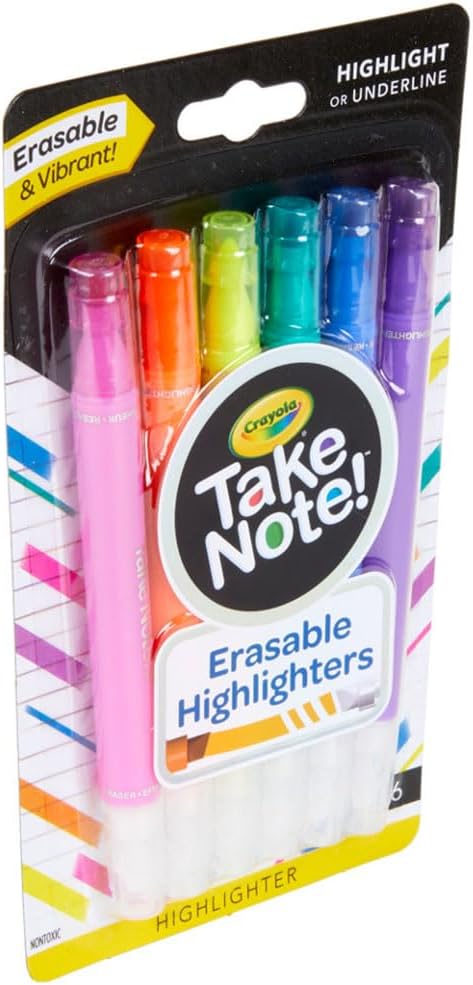 Crayola Take Note Erasable Highlighters (6ct), Teacher Essentials, Cute Aesthetic School Supplies, No Bleed Highlighters, Chisel Tip Marker Set
