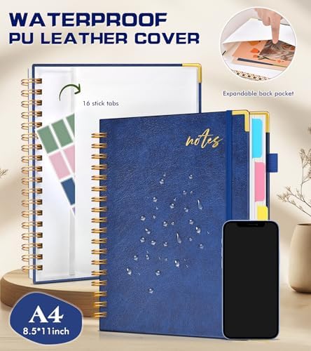 Hardcover Spiral Notebook Journal 8.5" x 11" Leather 5 Subject Notebook with Removable Dividers Tabs, 300 Pages Organizer Notebooks for Work School, College Ruled, Large Lined Journal for Women,Navy