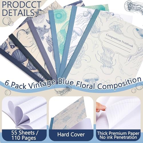 Harloon 6 Pack Composition Notebooks College Ruled Bulk Blue Ocean Composition Notebook 110 Page 7-1/2" x 9-3/4" Retro Aesthetic Journal Back to School Gift for Classroom Office First Day of School