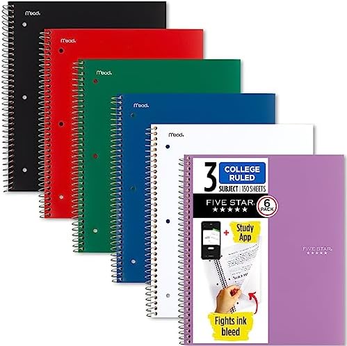 Five Star Spiral Notebooks Plus Study App, 6 Pack, 3 Subject, College Ruled Paper, 11" x 8-1/2", 150 Sheets, Black, Red, Green, Blue, White, Purple (73930)