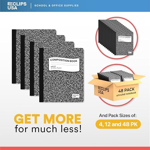 E-CLIPS USA Composition Notebooks, Unruled Composition Notebook, Hard Cover Marble Composition Notebook, 100 sheets, 9.75″ x 7.25″ (12)