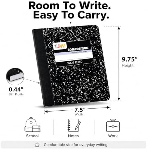 Composition Notebook, Wide Ruled, 100 Sheets, 9.75" x 7.5", Black Marble, Writing Journal for Students, Durable Cover, K-12 & College School Supplies, Black Theme (Pack of 1)