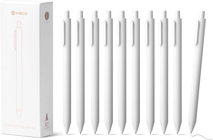 Kaco PURE White Gel Pens 0.7mm Black Ink 10 Count Quick Dry Smooth Writing | Aesthetic School Office Supplies Retractable Pens Low Center of Gravity