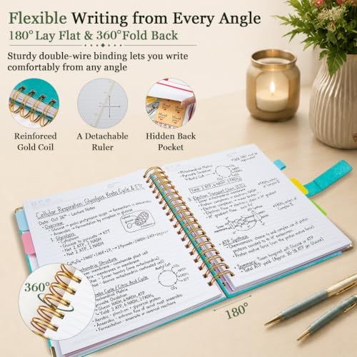 Hardcover Spiral Notebook 8.5''x 11'' College Ruled Notebook with Magnetic Closure, 300 Pages 5 Subject Notebooks with Pocket Dividers for Work School, A4 Leather Journal for Women, Men (Cyan)