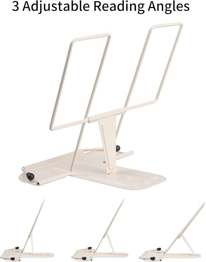 Metal Book Stand for Desk, Adjustable Reading Rest Book Holder, Portable Cookbook Documents Holder, Sturdy Typing Stand for Recipes Textbooks Tablet Music Books, Desktop Stationery Gifts(Milky White)