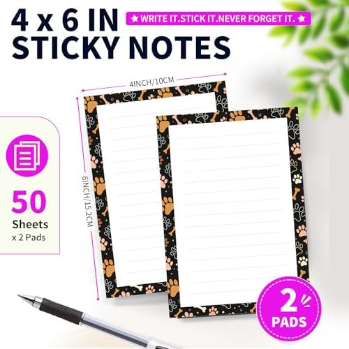 Lined Sticky Notes 4x6 in, 2 Pack Large Cute Notepads with Lines Self-Stick Note Pad, Funny Memo Pads Strong Adhesive for Office, Home Colorful Dog Paws