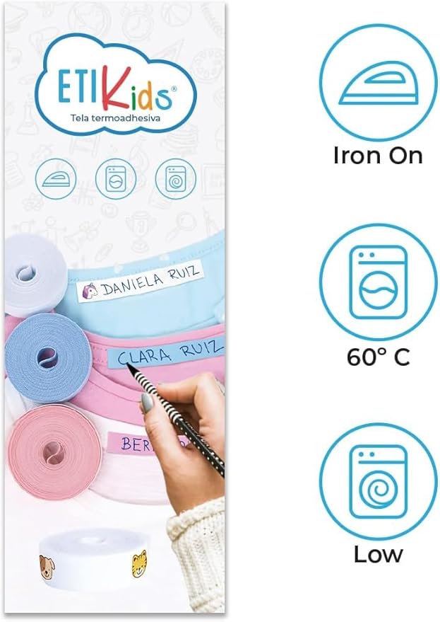 Write On Tape, Iron on Fabric Labels for Clothes Marking, Thermo-Adhesive Name Labels, School & Nursery Use, 3m x 1cm Roll, Cotton (White)
