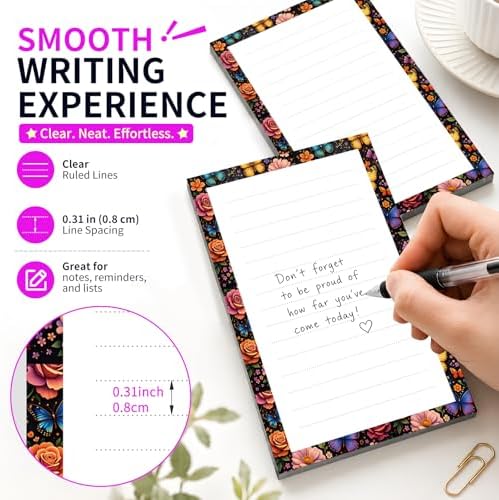Lined Sticky Notes 4x6 in, 2 Pack Large Cute Notepads with Lines Self-Stick Note Pad, Funny Memo Pads Strong Adhesive for Office, Home Colorful Flower Butterfly