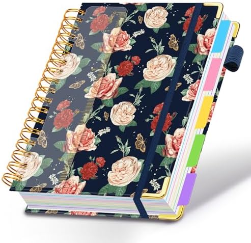 Spiral Journal Notebooks for Work, 300 Pages 5 Subject Notebook College Ruled with Dividers & Tabs, A5 Notebook Journal for Women Students Note-Taking and Organizer (Velvet Bloom)