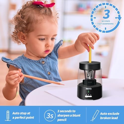 Pencil Sharpener Electric Pencil Sharpener Heavy Duty Blade Rechargeable Battery Powered Pencil Sharpeners for 6-8mm Colored Pencils Auto Stop Fast Sharpen in 3s (Black)