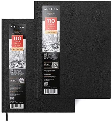 ARTEZA Hardcover Sketchbooks, 2 Pack, 8.5 x 11 in, 110 Sheets Each, 68 lb / 100 GSM Acid-Free Drawing Paper with Ribbon Bookmarks and Inner Pockets for Sketching and Journaling