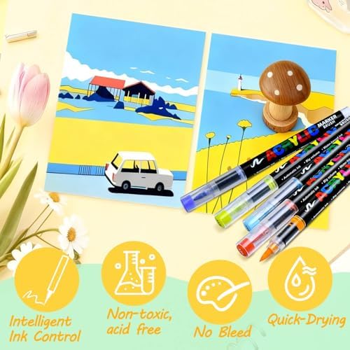 120 Colors Acrylic Paint Markers, Water-Based Colored Paint Pens, Brush Tip Markers with Direct-Liquid Ink Control System, Markers Set for Pumpkin Decorating, Rock, Fabric, Wood, Wood, Art Supplies