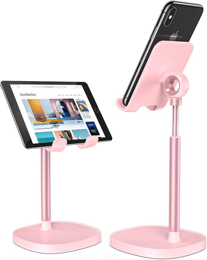 LISEN Pink Vanity Girls Room Decor Kitchen Accessories, Cute Pink Cell Phone Stand Bathroom Living Room Essentials Decor Offices Desk Accessories for iPad mini Phone Holder 4-10 in