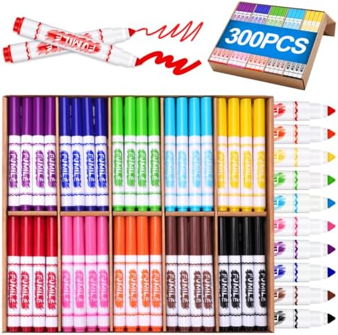 FUMILE 300 Count Washable Markers Bulk,10 Assorted Colors Markers for Kids,Broad Line Conical Tip Coloring Marker Bulk For Student,Back to School Supplies, Teacher Classroom Must Haves & Essentials