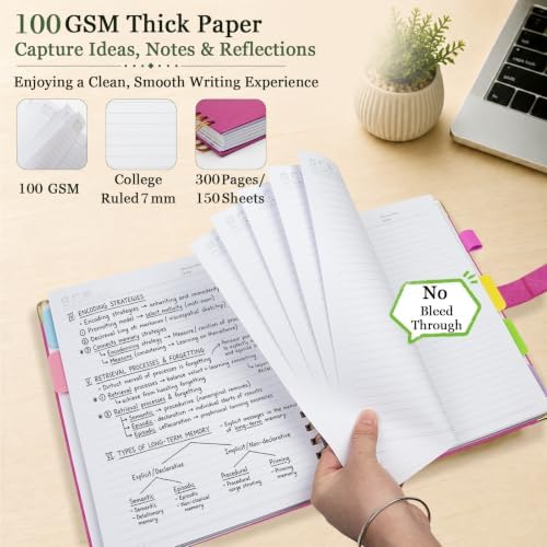 Hardcover Spiral Notebook 8''x 10'' College Ruled Notebook with Magnetic Closure, 300 Pages 5 Subject Notebooks with Pocket Dividers for Work School, B5 Leather Journal for Women, Men (Rose Purple)