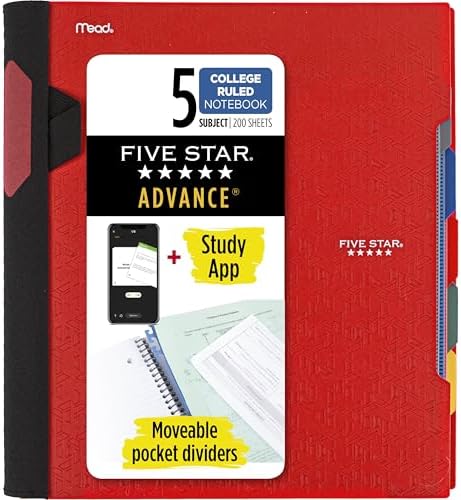 Five Star Advance Spiral Notebook + Study App, 5 Subject, College Ruled Paper, 8-1/2" x 11", 200 Sheets, Spiral Guard, Movable Tabbed Dividers, Fire Red (73146)