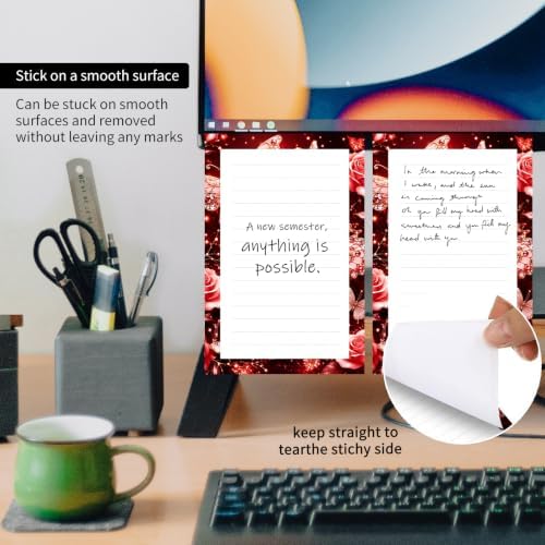2 Pack Lined Sticky Notes 4x6 in, Cute Self-Stick Notepads with Lines, Large Memo Pads Strong Adhesive for Office, Home Red Luxury Butterfly