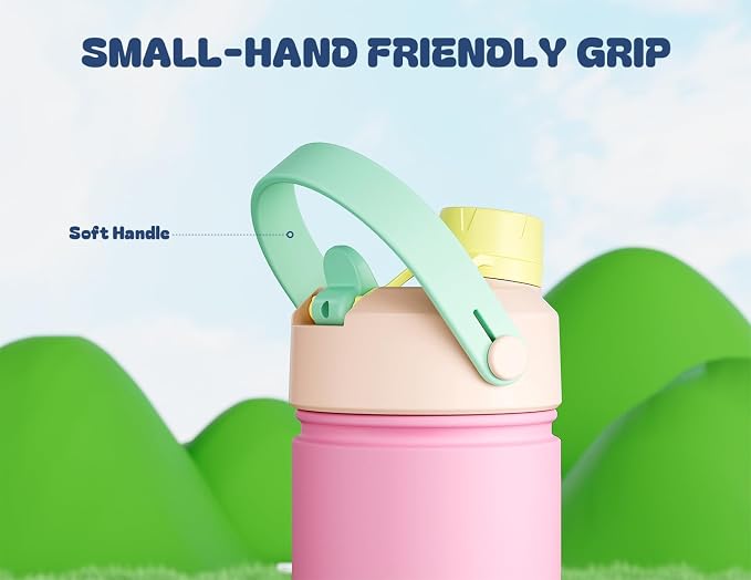 12 oz Kids Steel Water Bottle for School: 2-in-1 Straw Spout Lid, Leakproof, BPA-Free, Cold 24H, Car Cupholder Friendly, Cute Insulated Cup for Travel, Camping, Birthday Gift for Girls (Peachy Cream)