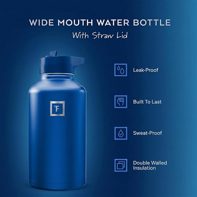 IRON °FLASK 64 oz Wide Mouth Water Bottle with Straw | Insulated Half Gallon Water Bottle with Leakproof Straw Lid - BPA Free, Cold 24 Hrs, Sweat Free (Twilight Blue)