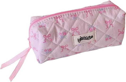 Carry bloom Pencil Pouch Cute Pencil Case for Girls Aesthetic Pencil Bag with Zipper Pen Cases School Supplies Makeup Bag (bow flower pink)