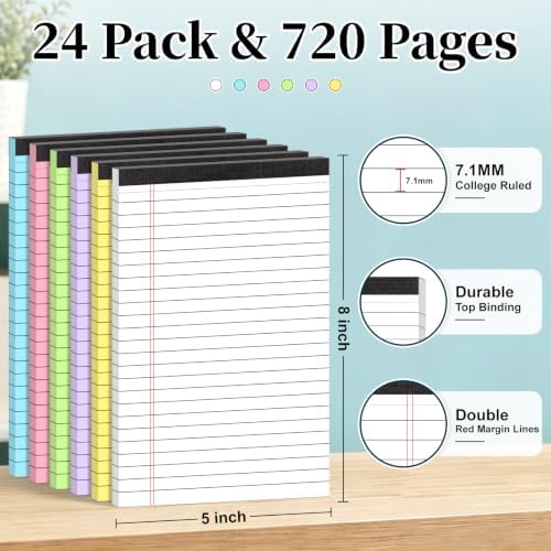 24PCS Note Pads 5x8 Small Legal Pads 720 Sheets, Perforated Small Notebook Notepad 5 x 8 ,College Ruled Lined Paper Pads 80GSM, Mini Writing Pads Memo for Work School &Office Supplies 24pcs Multicolor
