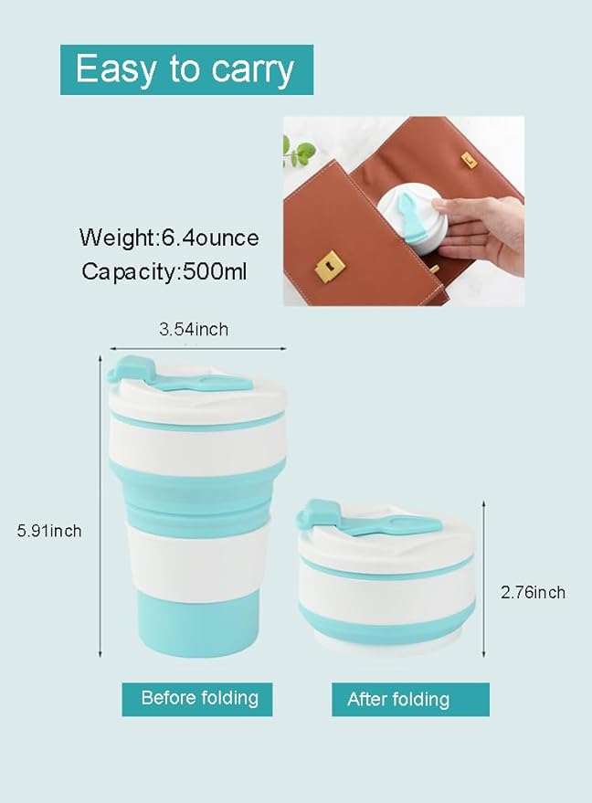Collapsible Cup for Traveling and Camping with Lid Reusable Portable Coffee Mug Hot and Cold Drinks Leakproof Eco friendly Silicone Lightweight (Large 16oz/500ml, Blue)