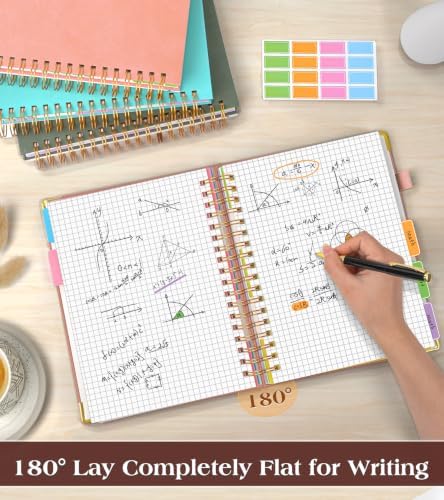 5 Subject Graph Paper Notebook with Removable Dividers Tabs, 300 Pages Hardcover Leather Grid Spiral Journal, 8"x10" B5 Large Graphing Notebooks for Women Men Work School College Engineering, Pink