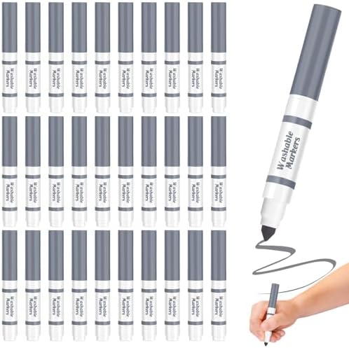 30 Pcs Mini Washable Markers Bulk Broad Line Conical Tip Washable Mark Pen Set Short Coloring Paint Pen for Kid Art Projects Teacher Student Toddler Party Favors Classroom, Ages 6+(Gray)