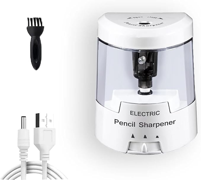 Electric Pencil Sharpener, Battery (Not Included) USB Powered, Portable for NO.2 Pencils, Automatic and Durable with 3 Sharpness Options - Classroom, Home, Office White