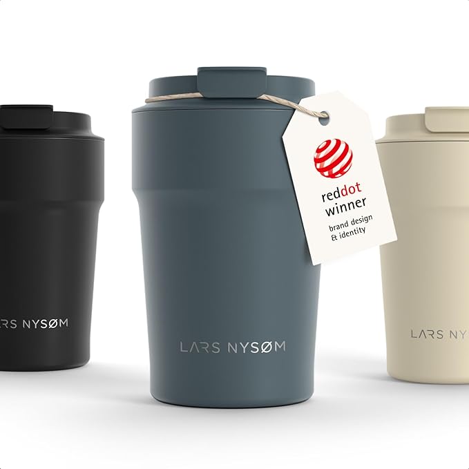 LARS NYSØM Thermo Coffee Mug to go 13oz | Travel Mug 0.38 Liter with Insulation | Silicone grip base | Leak Proof Stainless Steel Tumbler for Coffee and Tea on the Go (Powder Stone Blue, 13oz)