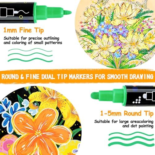 48 Colors Dual Tip Acrylic Paint Markers, Coloring Paint Pens Set, Fine Tip and Dot Tip Acrylic Paint Markers for Rock, Stone, Glass, Fabric, Canvas, Gifts for Teens, Art Painting Supplies Kit