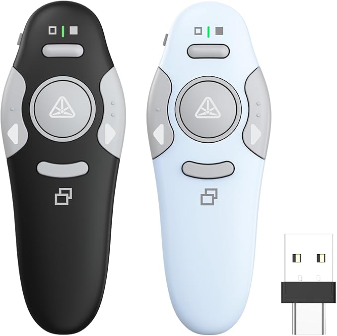 QUI 2 Pack Presentation Clicker, Wireless Presenter Remote Clicker for PowerPoint, Slide Advancer for Mac, Windows, Google Slide, Keynote (USB Type-c, Black Blue)