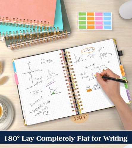 5 Subject Dotted Notebook with Removable Dividers Tabs, 300 Pages Hardcover Leather Dot Grid Spiral Journal, 8"x10" B5 Large Bullet Notebooks for Women Men Work School College Maths Sketching, Black