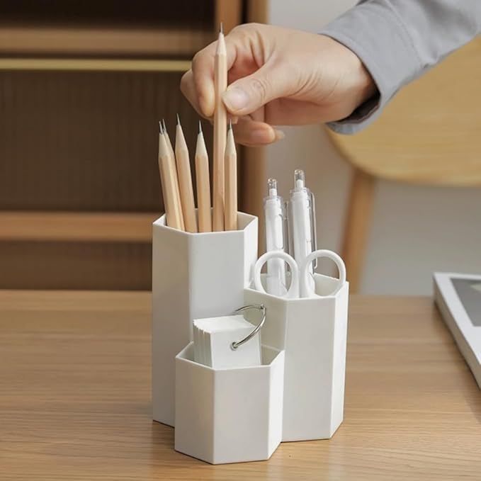 Pen Holder for Desk, White Pens Cup with 3 Compartment Small Desk Organizer Cute Pencil Holder for Office,School and Home (White, Triangular)