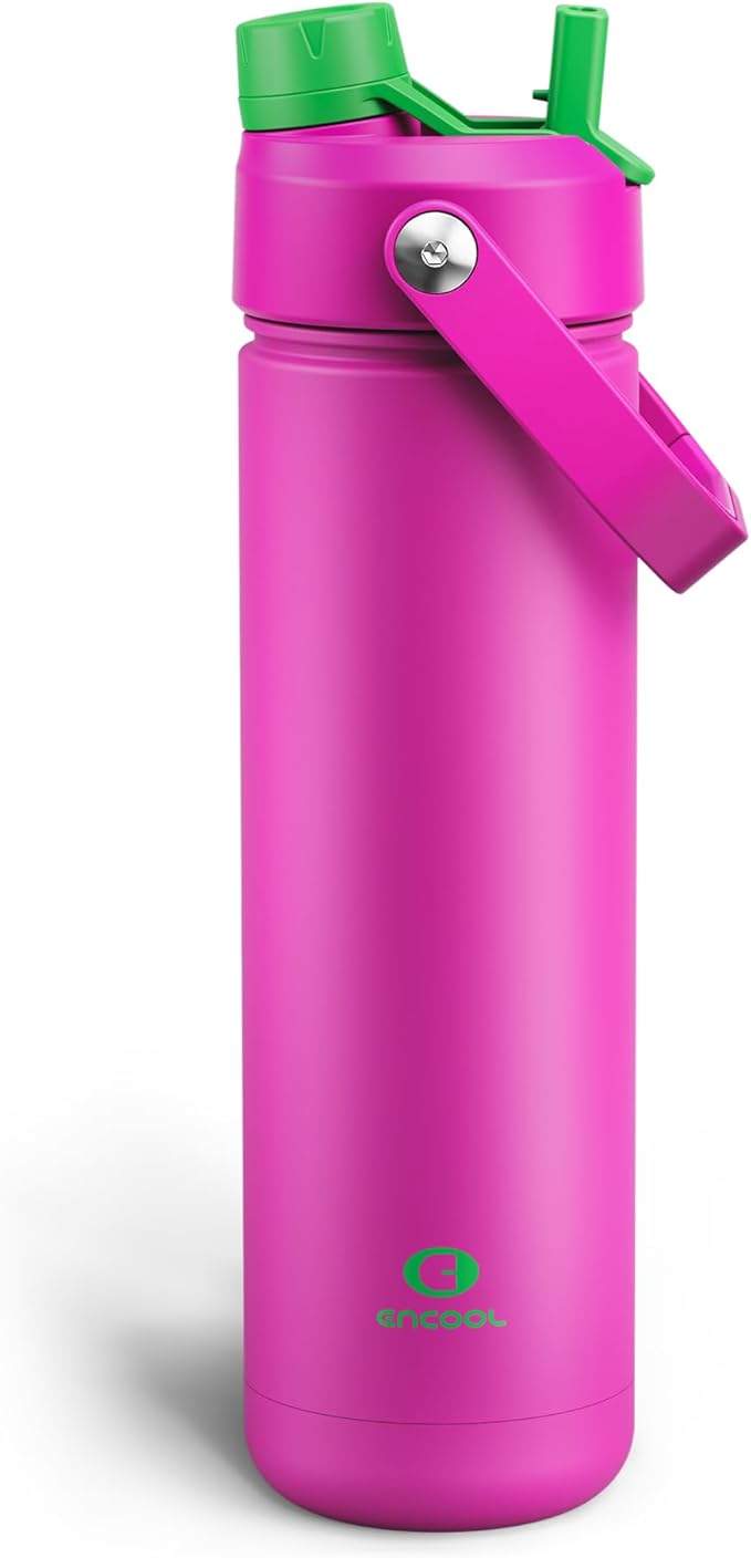 ENCOOL Insulated Water Bottle with Straw Stainless Steel Water Bottle, Leak-Proof, BPA-Free, Double Wall Vacuum Keeps Cold for 24 Hours for Sports, Travel, School (26 oz, Knockout Pink)