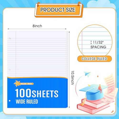 Fainne 20 Pack Notebook Paper Bulk Wide Ruled 8 x 10.5'' Wide Ruled Loose Leaf Notebook Paper Lined Filler for 3 Ring Binders for Office Notes Writing Binder Refill 100 Sheets Per Pack