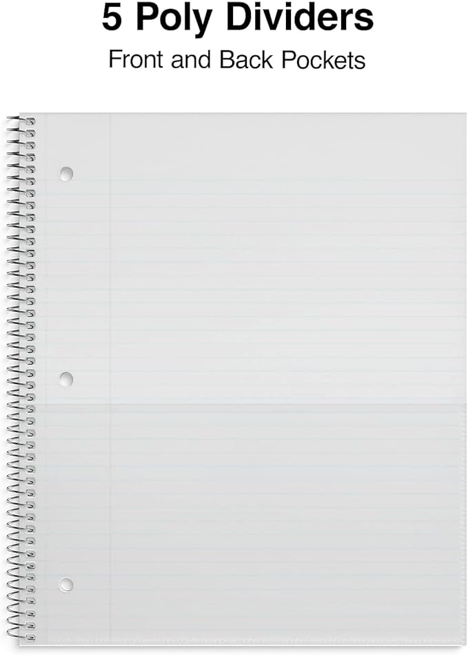 STAPLES 5‑Subject Notebook, 8.5” x 11”, College Ruled, 200 Sheets, Assorted Colors