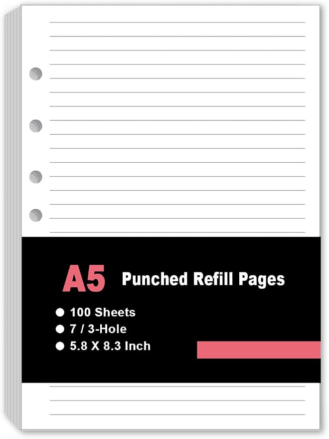 7-Hole Lined Refills Paper, A5 Filler Paper for Planner Inserts, A5 Loose Leaf Paper, 7 Hole Refills, 100 Sheets/200 Pages, College Ruled, 5.8 X 8.25 Inch