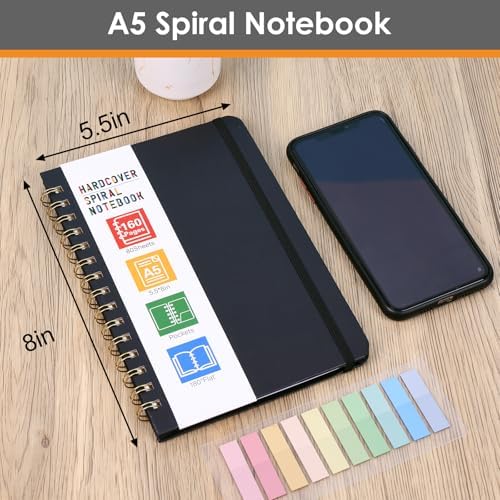 LABUK Spiral Notebook, 160 Pages A5 Lined Hardcover Notebook, 5.5 x 8in Spiral Journal for Women and Man, Work, Writing (Black)