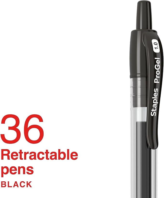 STAPLES ProGel Retractable Gel Pens, Bold 1.0mm, Black Ink, 36-Pack | Smooth-flow ink for high-volume office writing and daily use.