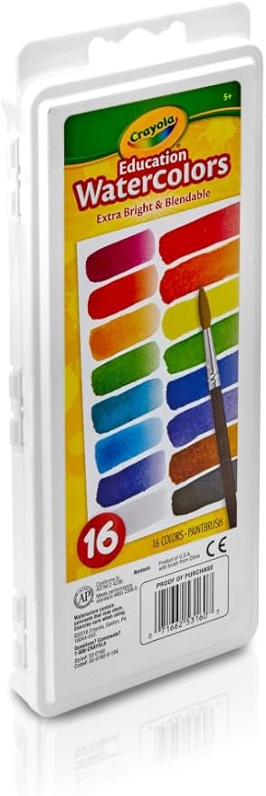 Crayola Watercolor Paint Set (16 Count), School Supplies Essentials, Washable Paint for Kids, 1 Paint Brush, Arts & Crafts, Assorted Colors, Ages 4+